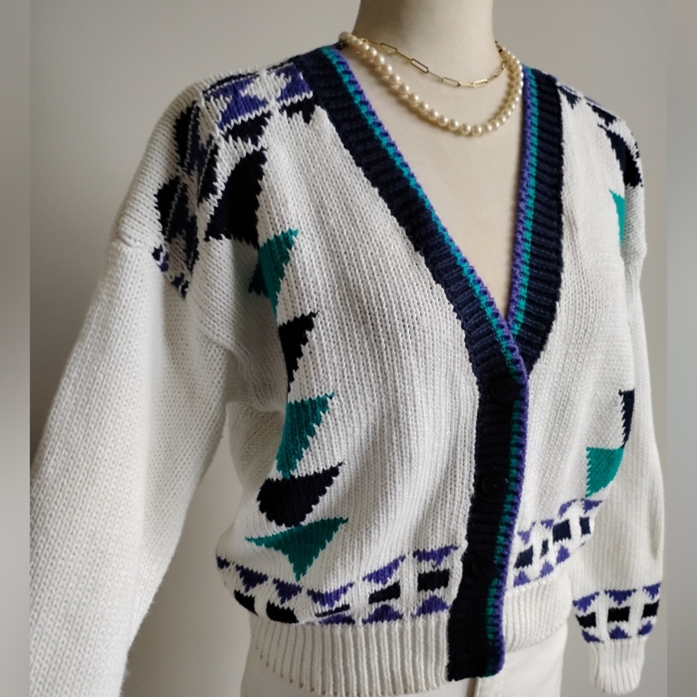 Extra Brand Vintage 80s Chunky Knit Southwestern Design Cropped Cardigan Medium - Picture 4 of 15